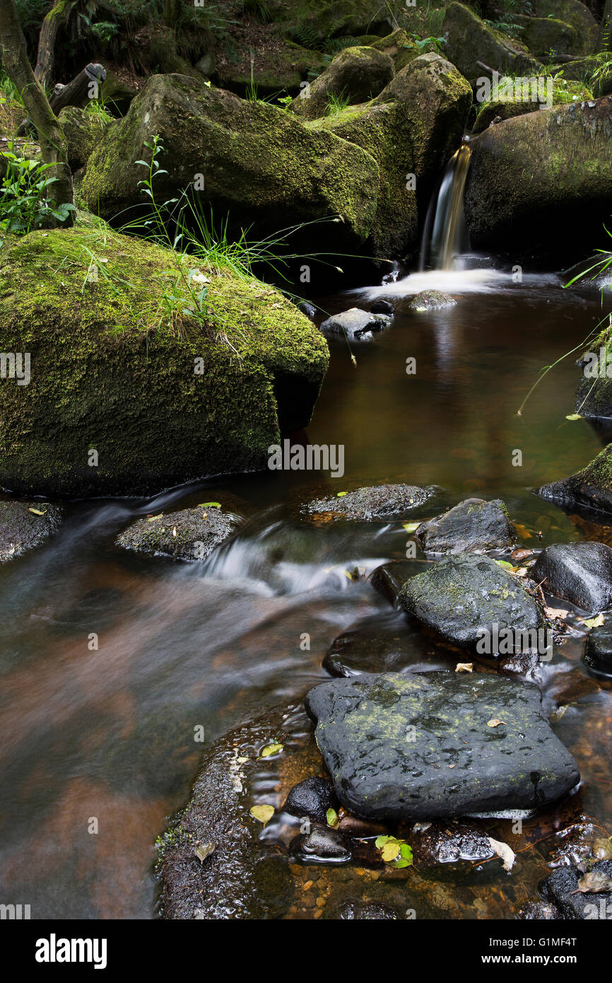 Water Through Rocks At Padley Gorge. Peak District, Derbyshire, UK. Stock Photo