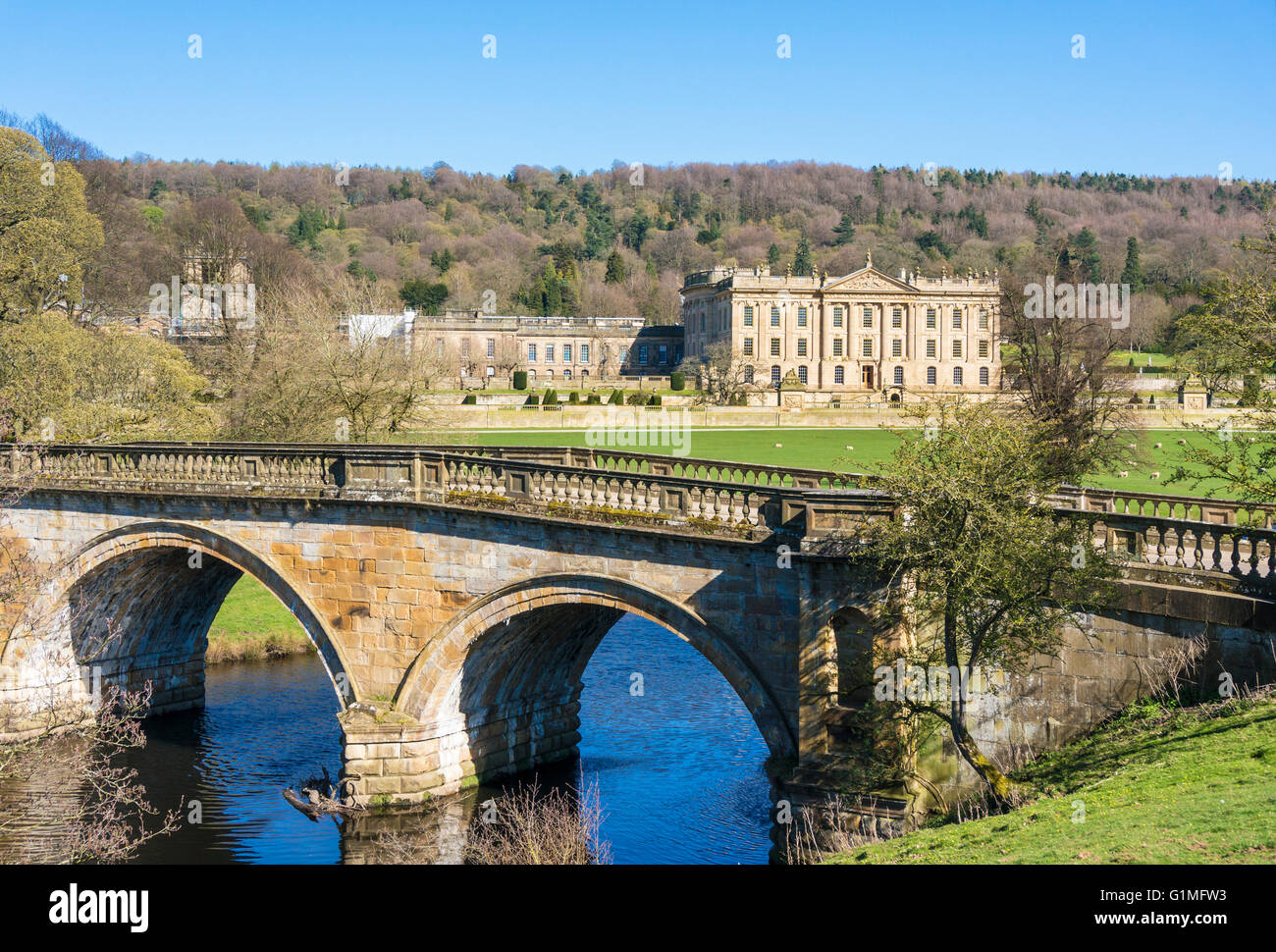 Spring at Chatsworth House front facade park and gardens with river