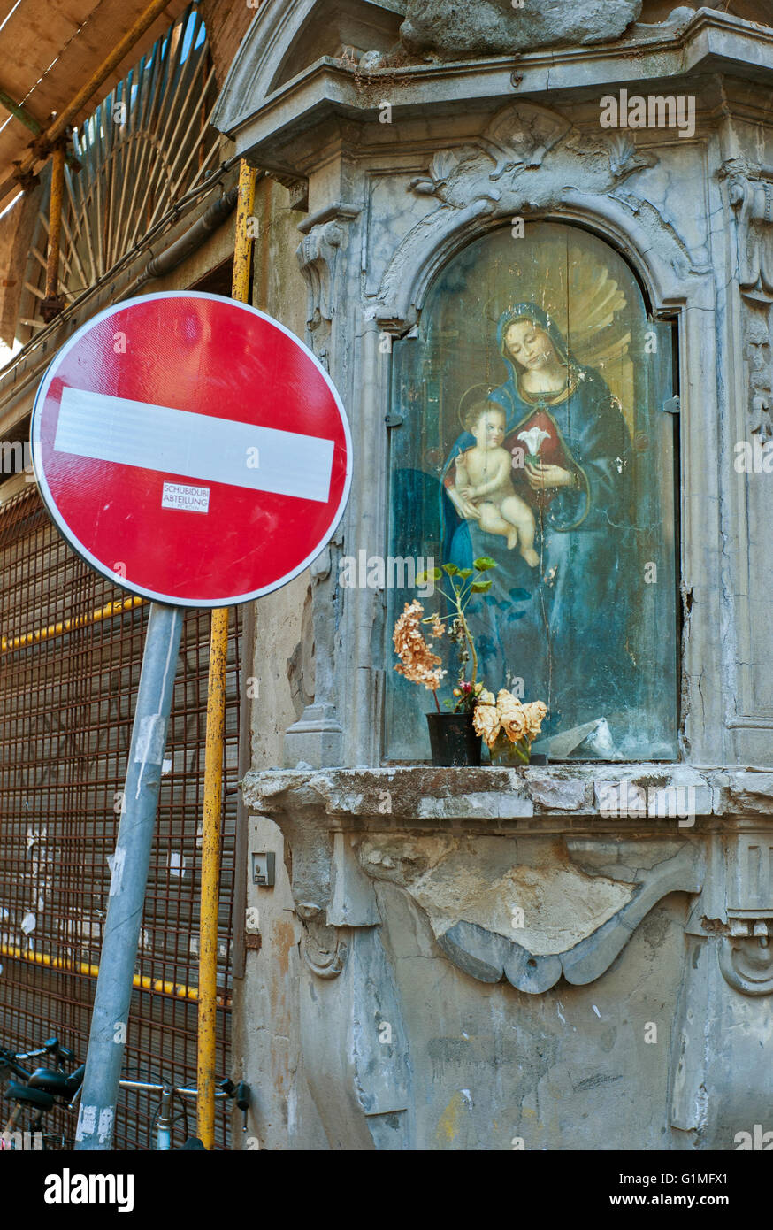 Madonna & child religious street corner Icon with no entry road sign