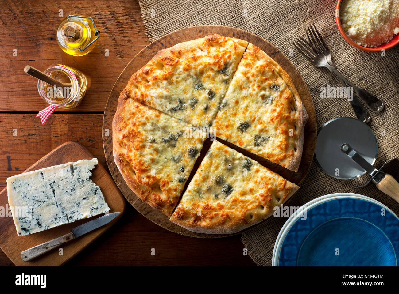 A delicious home made gourmet pizza with gorgonzola blue cheese. Stock Photo