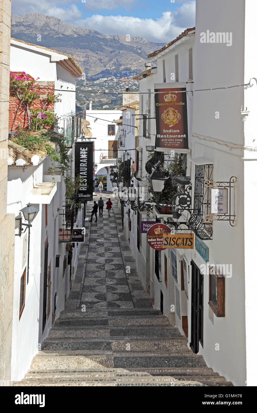 View down Carrer Major, from Church square, Altea Stock Photo - Alamy