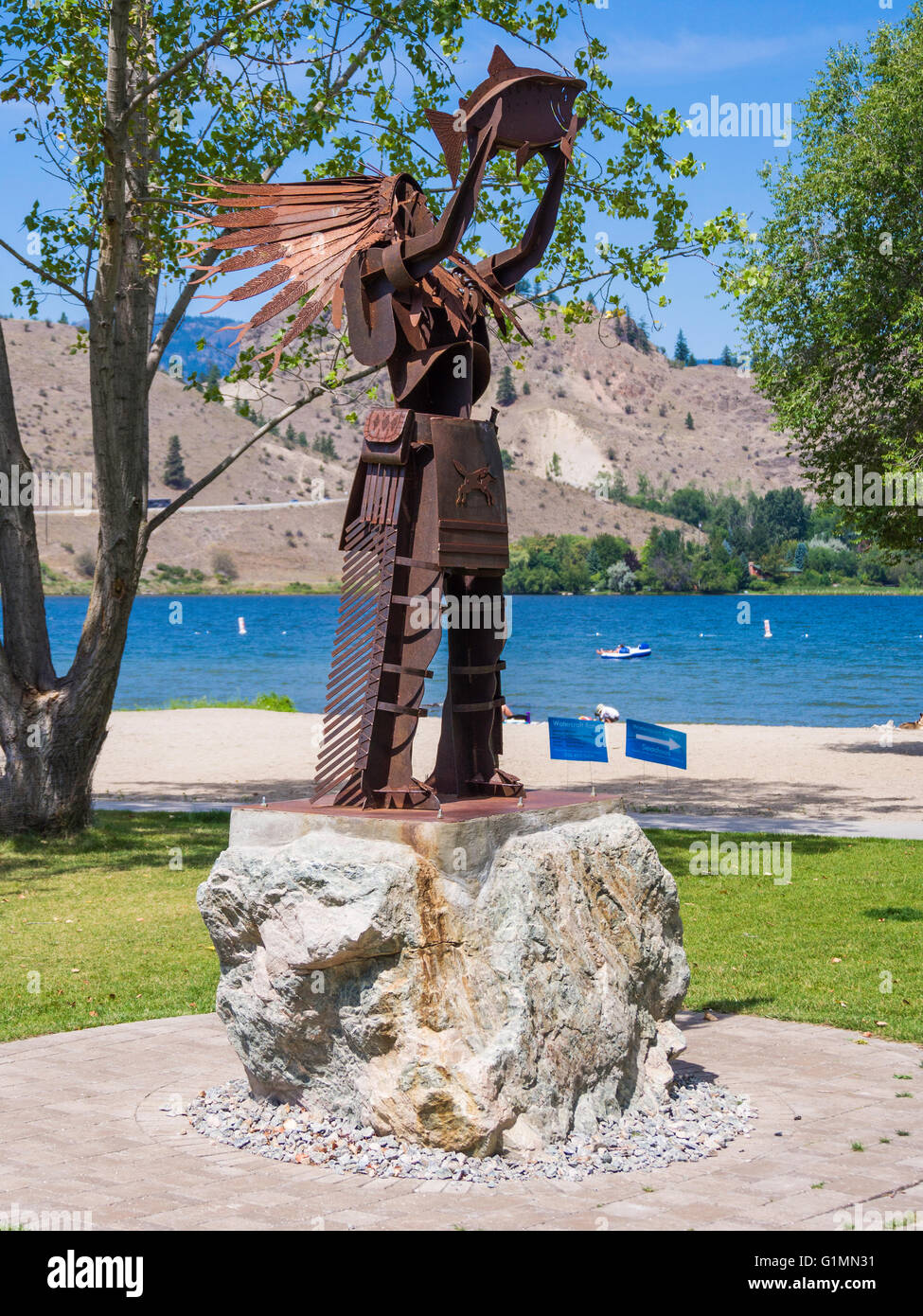 Sculpture of First Nations 'Salmon Chief' man, Christie Memorial Provincial Park Okanagan Falls, BC, Canada. Stock Photo