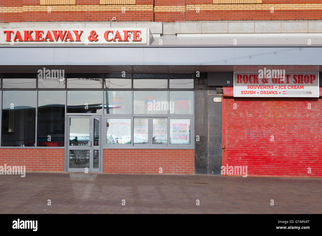 Closed shops on Blackpool's sea front. Stock Photo