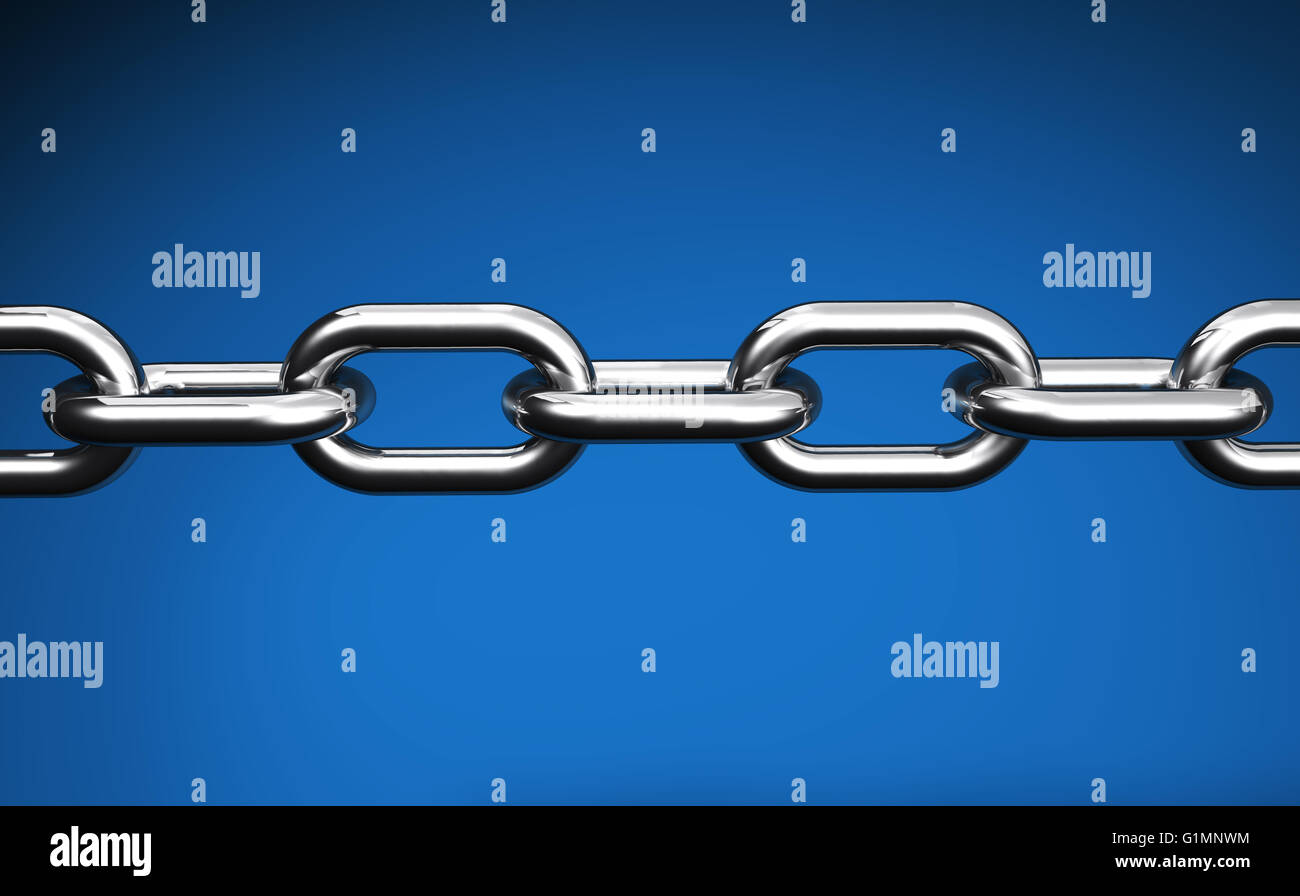 Steel chain web links and business collaboration concept closeup 3D illustration on blue background. Stock Photo