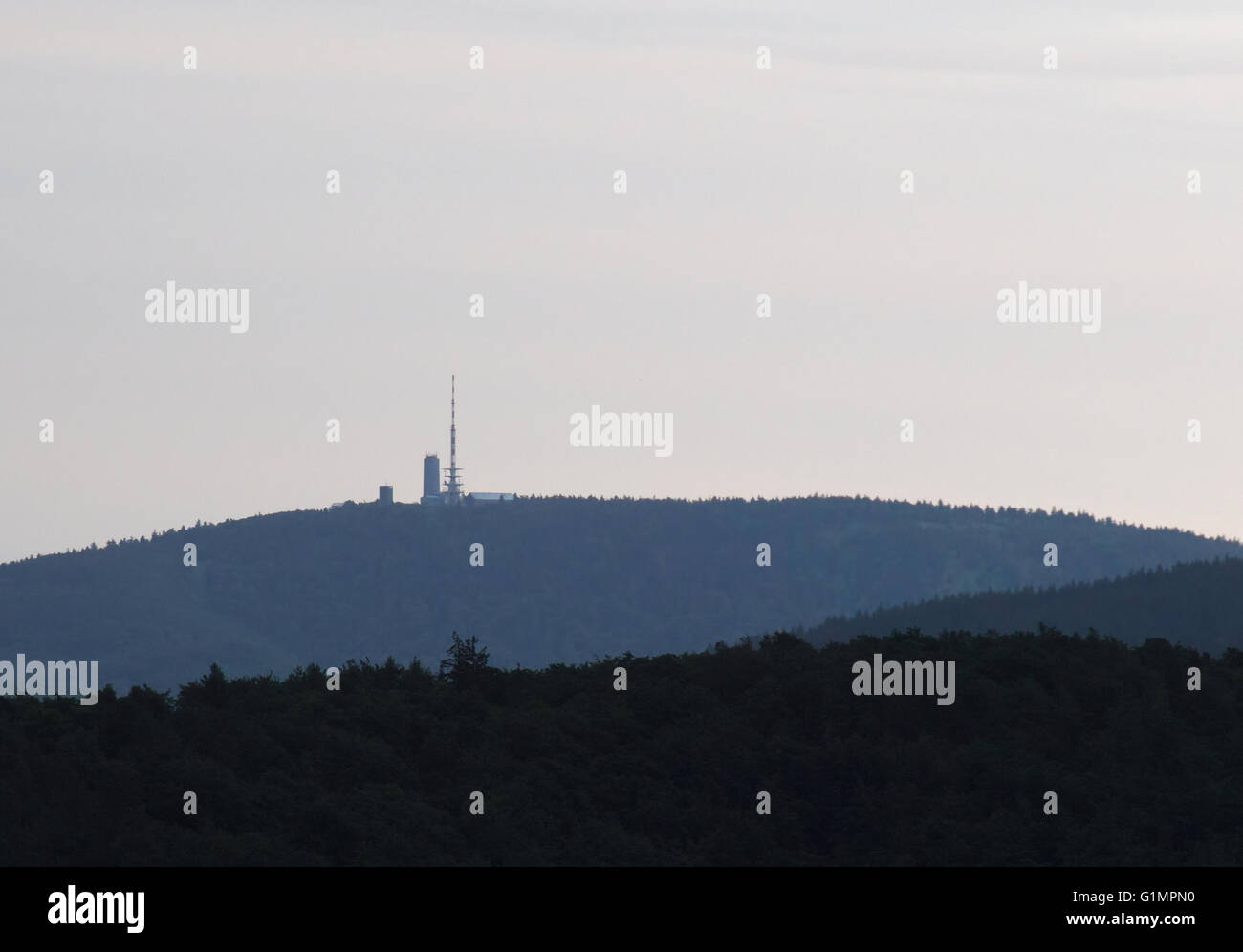 Far view on the Grosser Inselsberg in the Thuringian Forest in Germany. Stock Photo