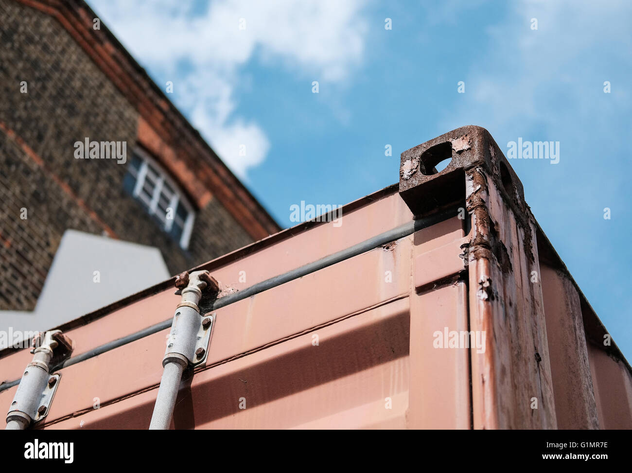 Detail of a typical shipping container locking system, showing the