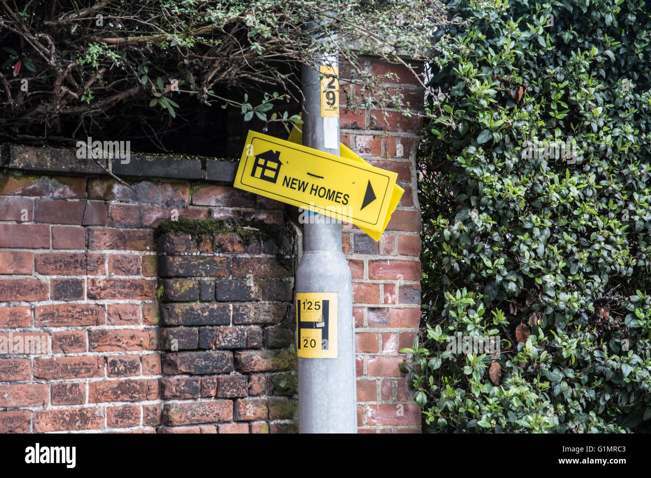 A wonky sign pointing towards an estate of new homes in Norwich. Stock Photo