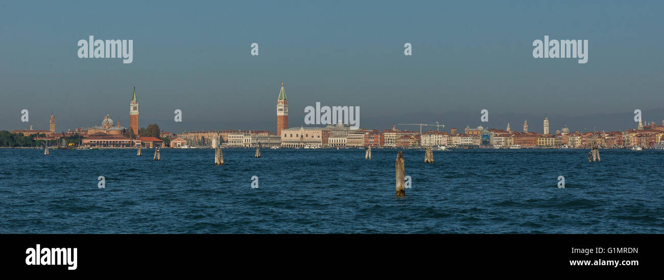 view of Venice from laguna with San Giorgio Maggiore (le), Campanile San Marco and doge's palace (ctr) Stock Photo