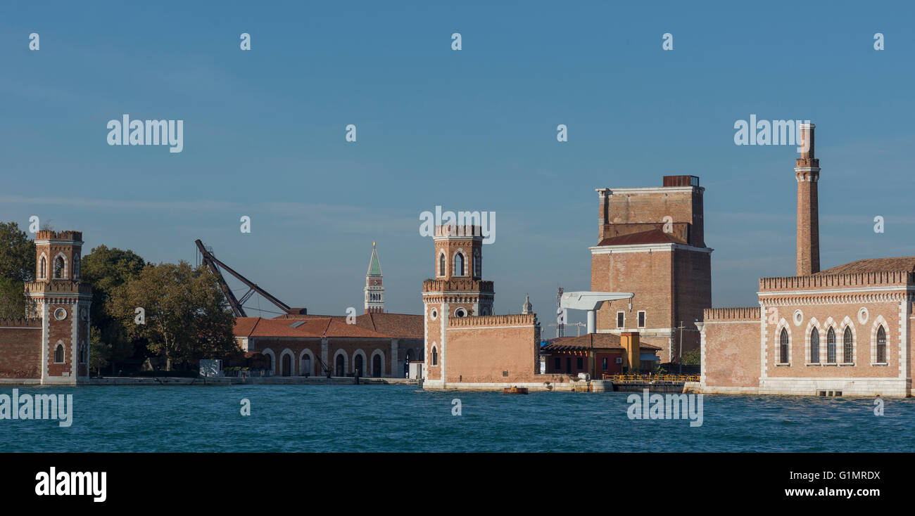 View onto the arsenal with Campanile San Marco from the laguna Stock Photo