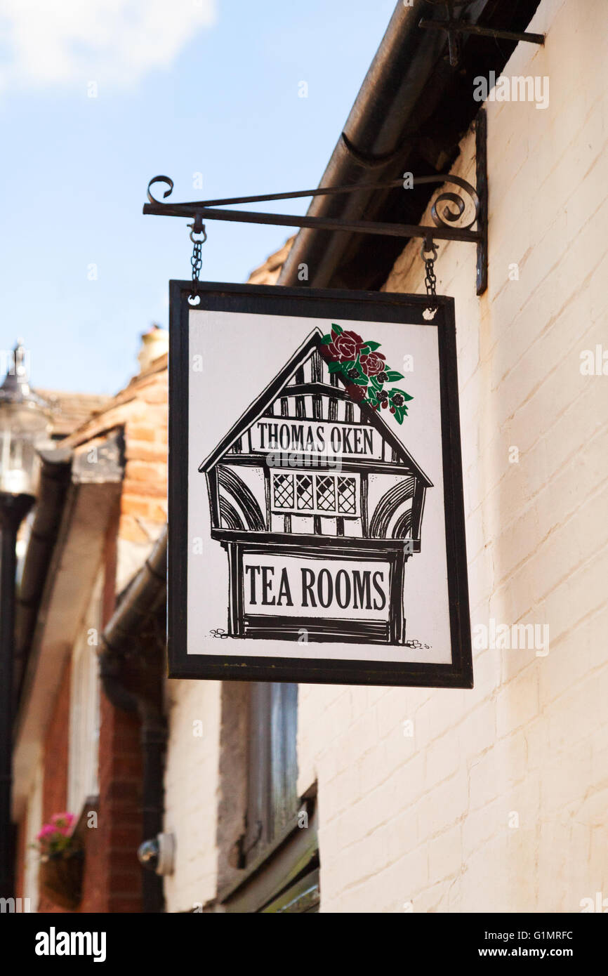 Thomas Oken tea rooms sign, Warwick, Warwickshire UK Stock Photo
