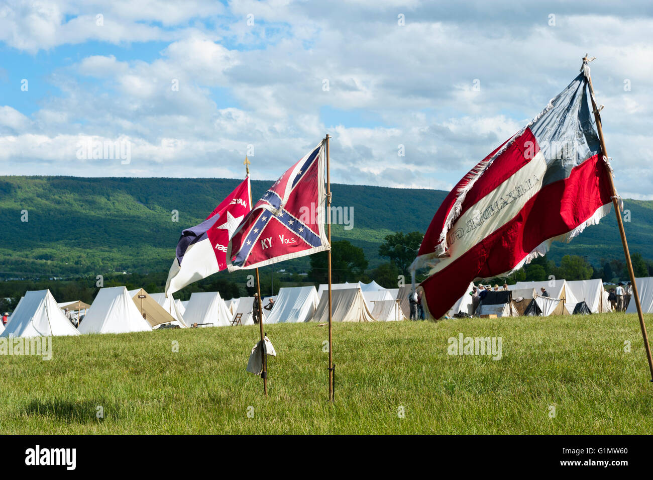 Flags flying at the encampment at the New Market Virginia, Civil War Battle Reenactment Stock Photo