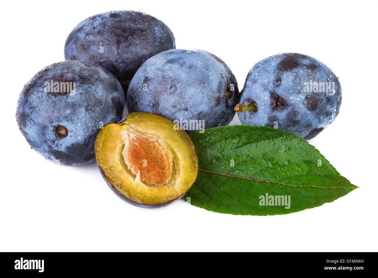 Fresh plums with water droplets on white background. Stock Photo