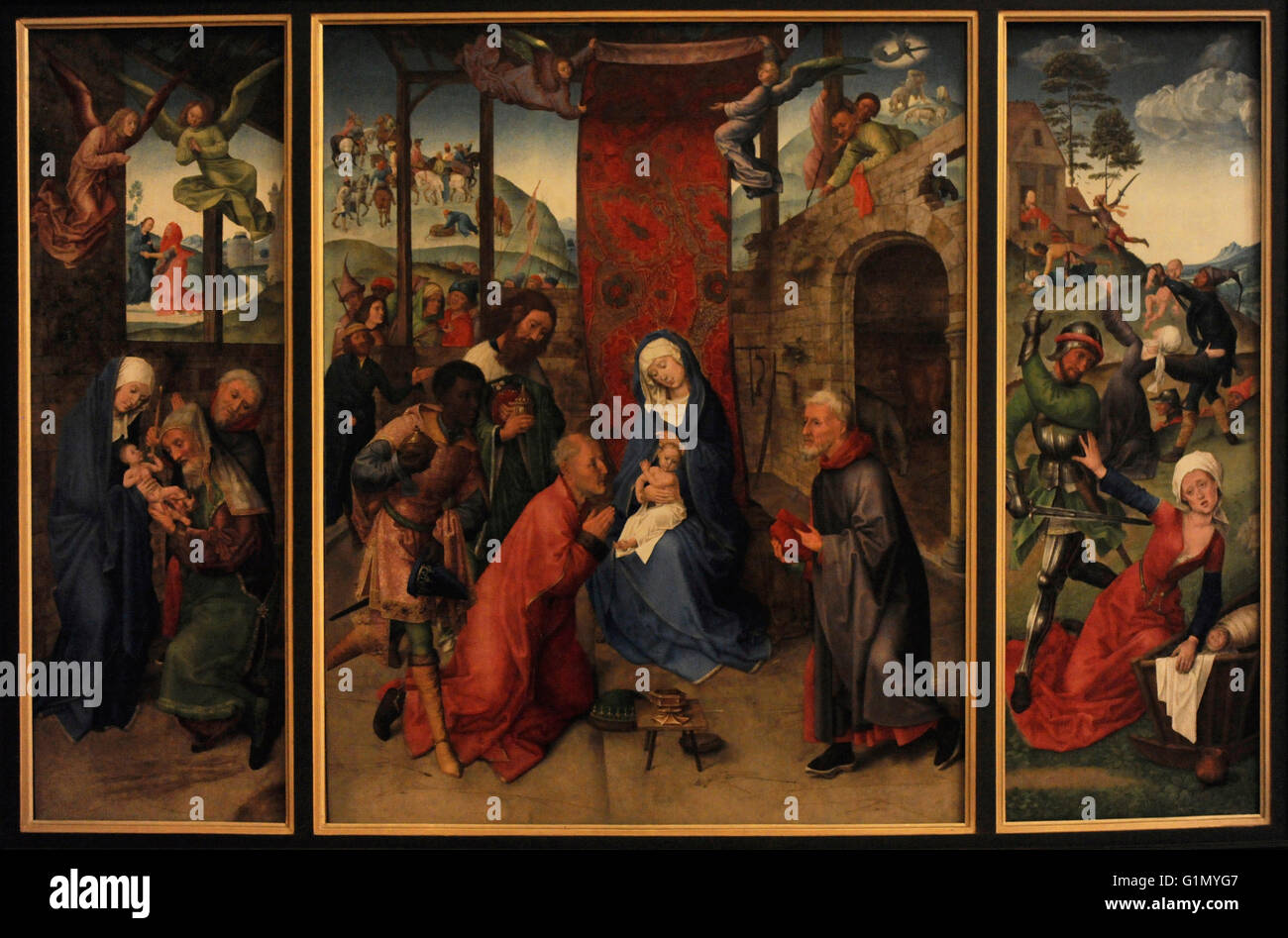 Hugo van der Goes (Ca.1440-1482). Flemish painter. Adoration of the Magi (Triptych). Adoration of Magi, central panel; The Circumcision, left panel; The Massacre of the Innocents, right panel. 15th century. Oil on canvas. State Hermitage Museum. Saint Petersburg. Russia. Stock Photo