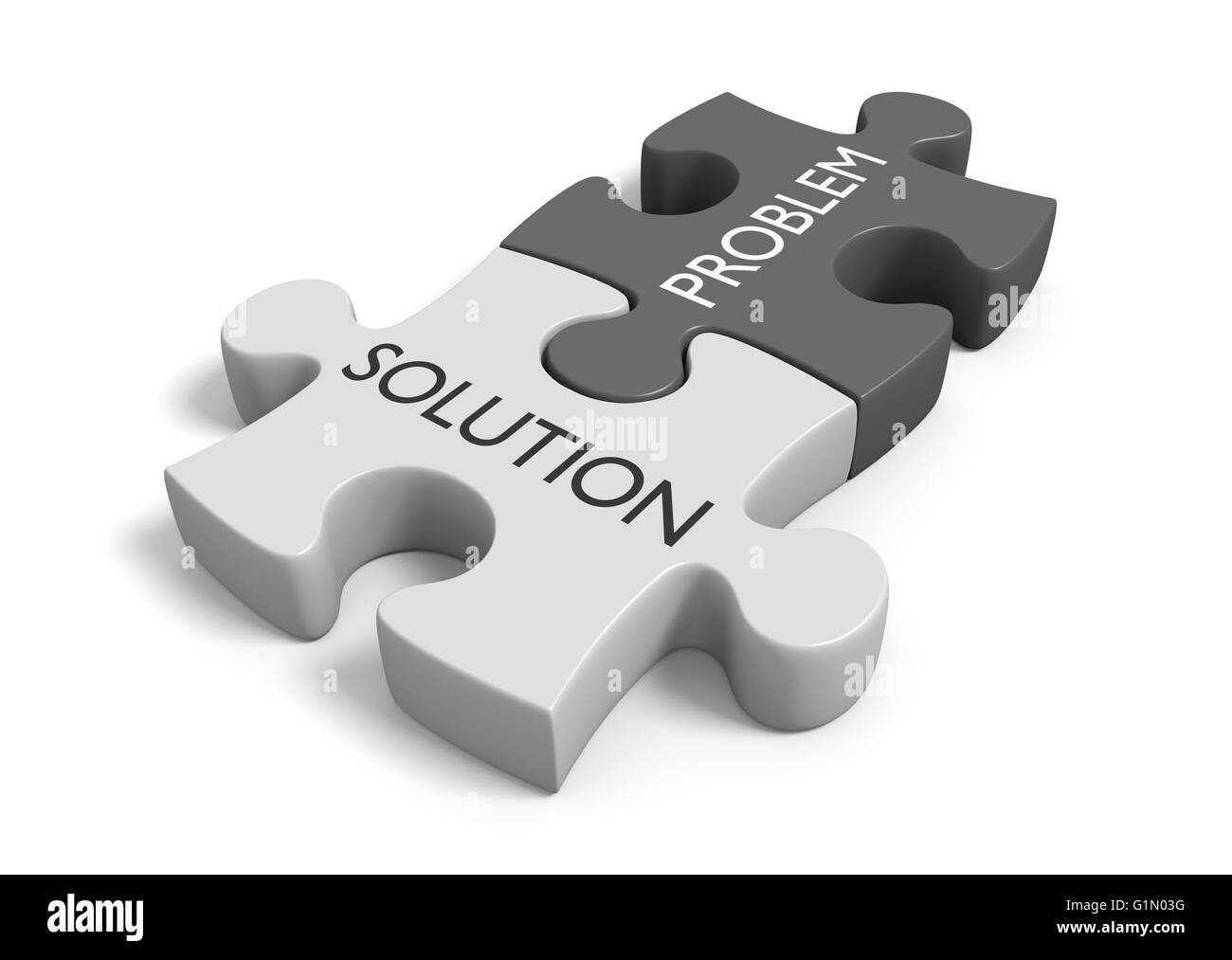 Two connected puzzle pieces with the words problem and solution, 3D rendering Stock Photo
