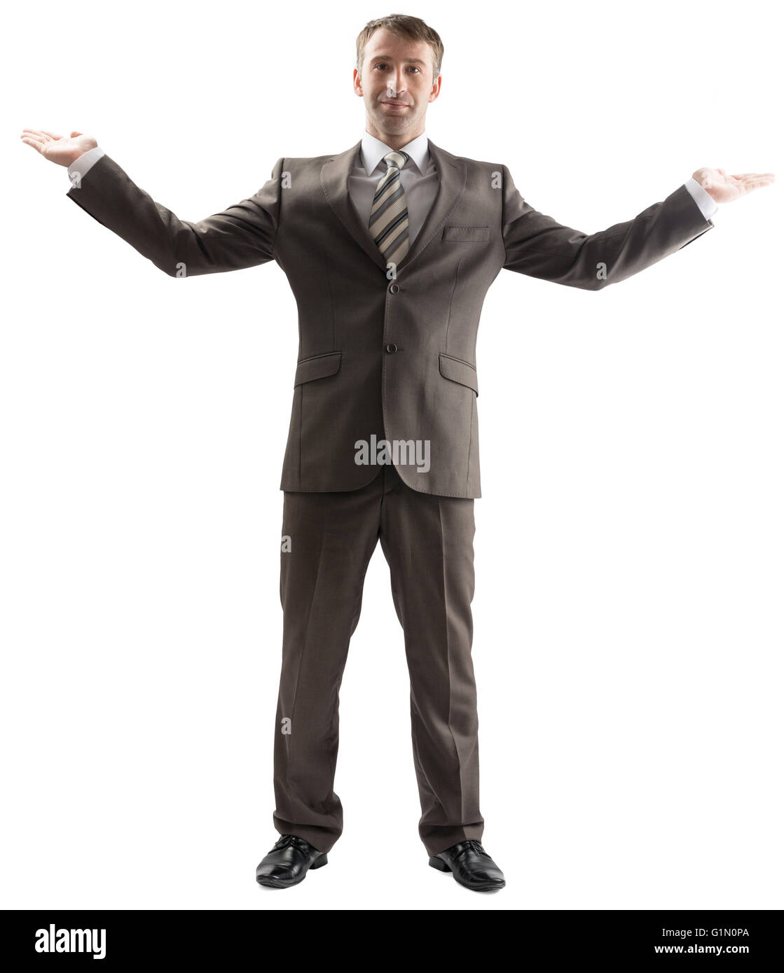 Isolated business man with arms up Stock Photo Alamy