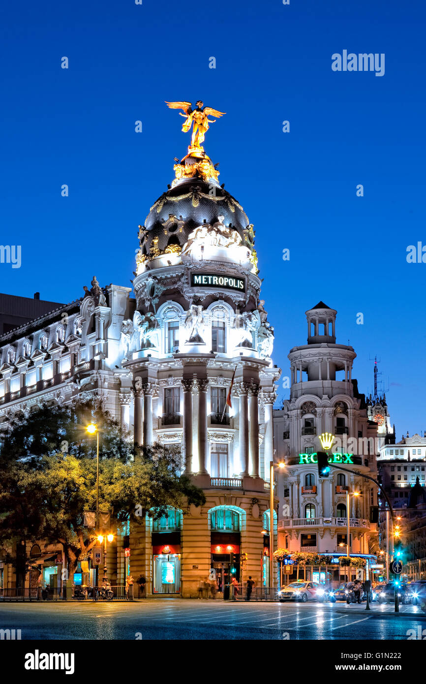 The Metropolis building and Calle Alcala at night Stock Photo