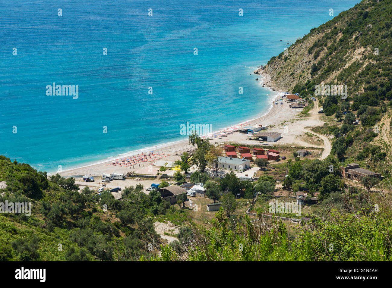 Albania.  Albanian Riviera.  Bunec beach seen from near Piqeras. Stock Photo