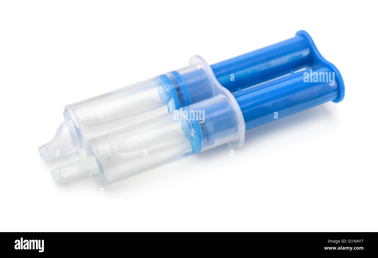 Epoxy resin syringe isolated on white Stock Photo