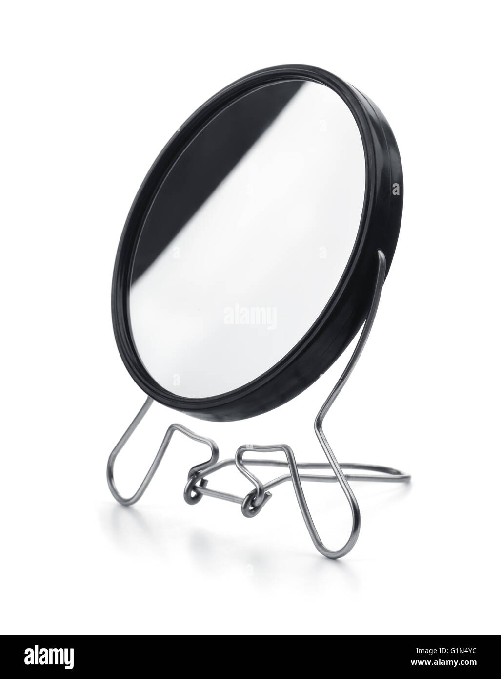 Black plastic makeup mirror isolated on white Stock Photo