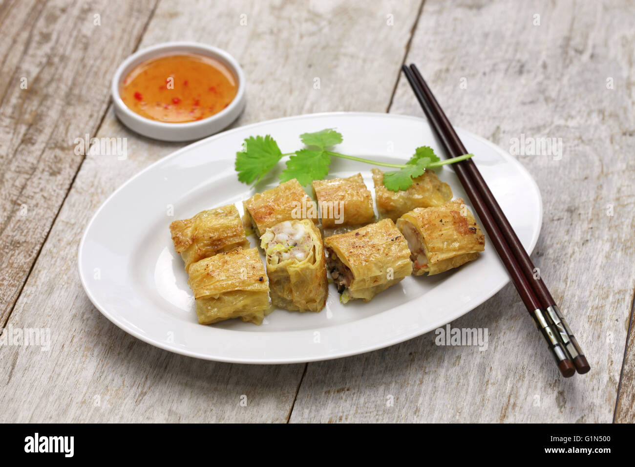 fried shrimp tofu ( bean curd ) skin rolls, chinese dim sum food Stock