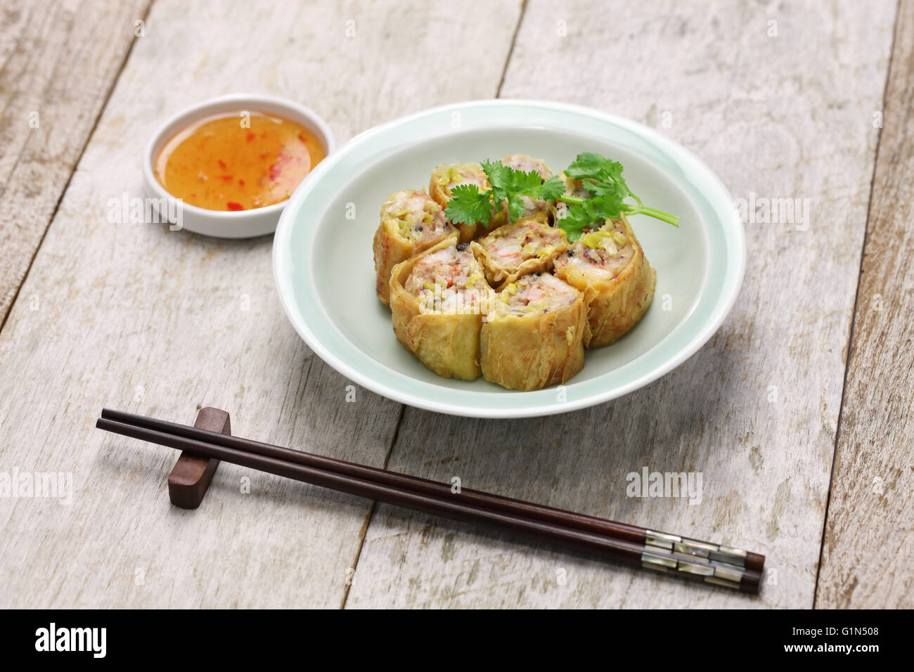 fried shrimp tofu ( bean curd ) skin rolls, chinese dim sum food Stock