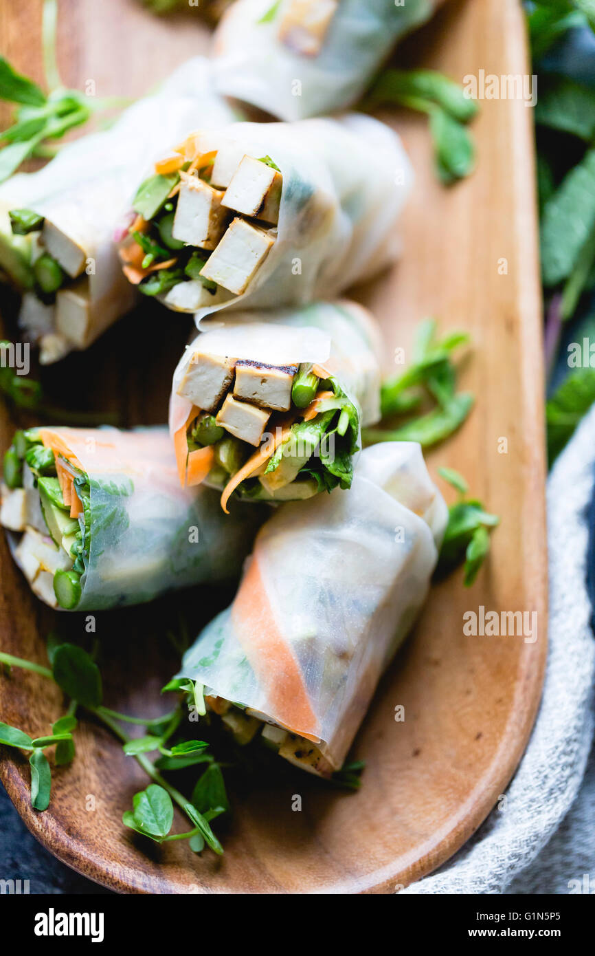 grilled asparagus tofu spring rolls with ginger-lime dipping sauce Stock Photo