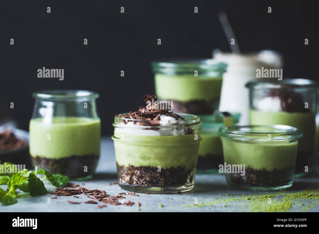 no-bake matcha mint grasshopper pies in jars Stock Photo