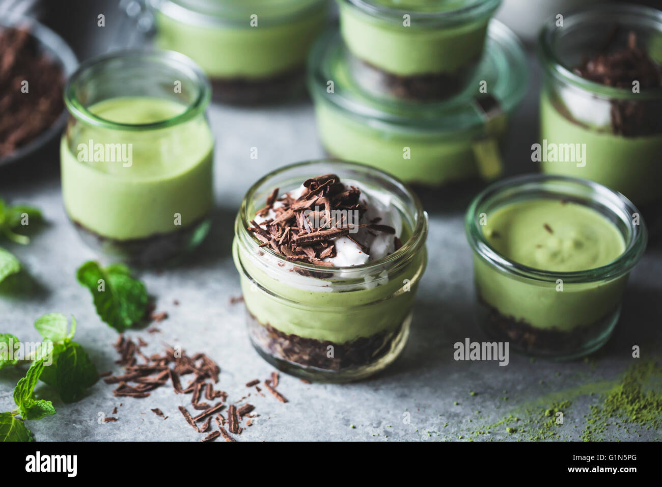 no-bake matcha mint grasshopper pies in jars Stock Photo