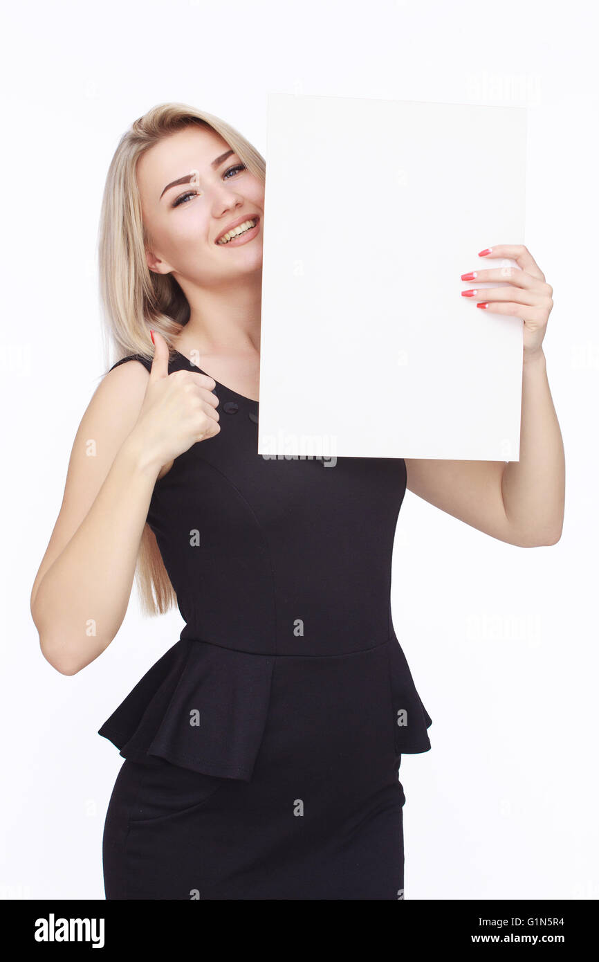 happy woman holding white blank paper Stock Photo