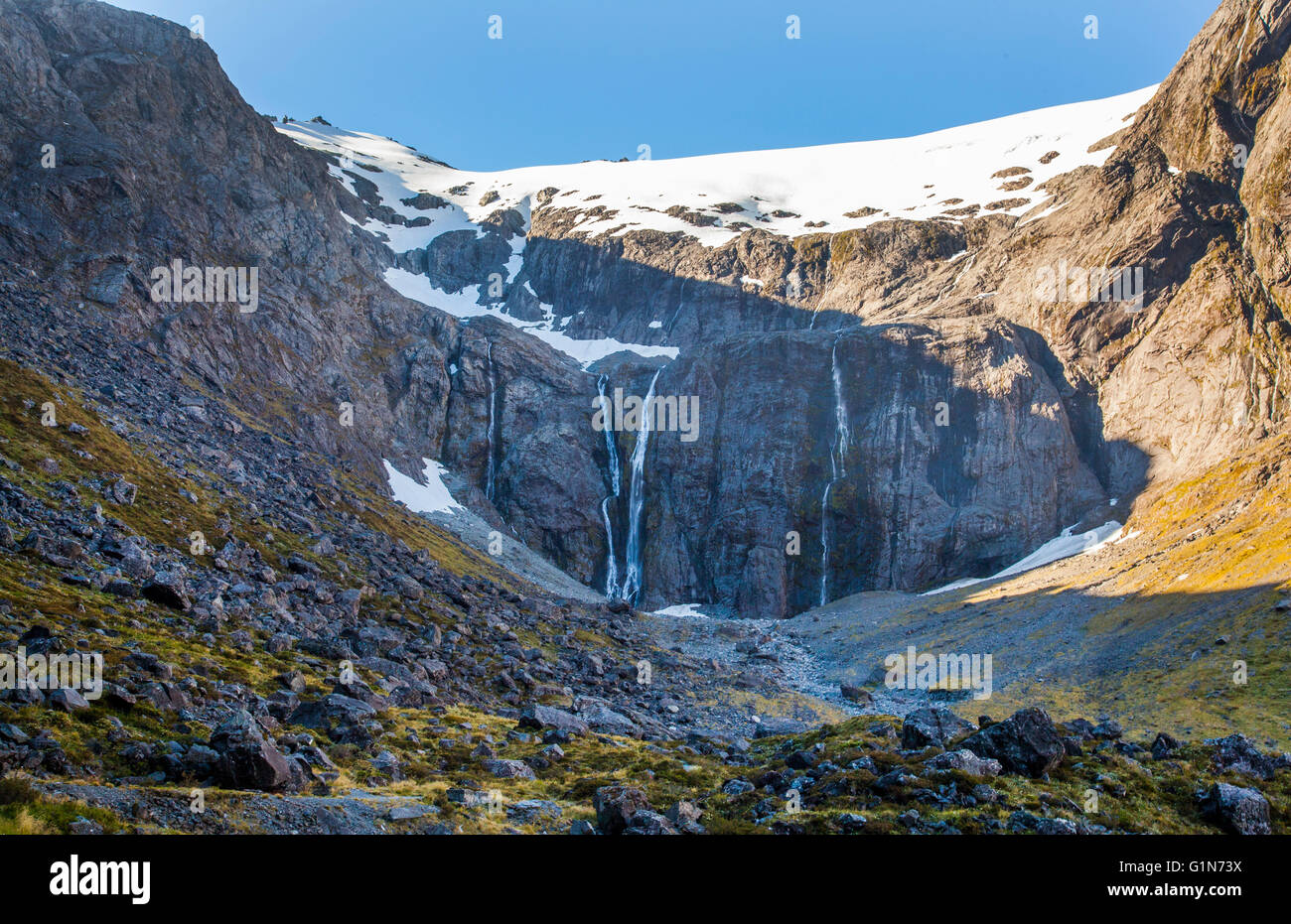 Waterfalls Flowing Down Mountains From Snowtops In New Zealand Stock waterfalls-flowing-down-mountains-from-snowtops-in-new-zealand-stock