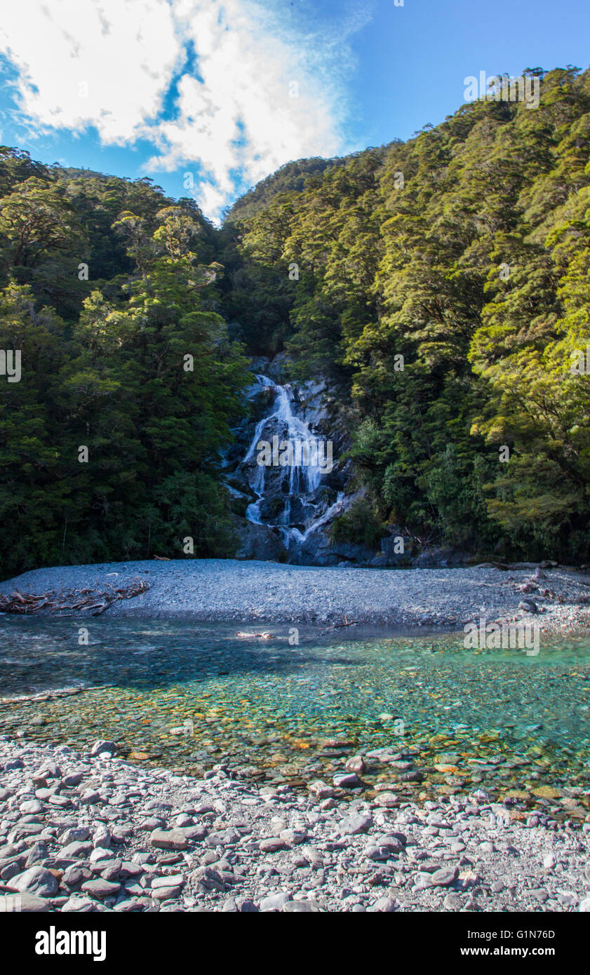 Waterfalls flowing down mountains in New Zealand Stock Photo - Alamy