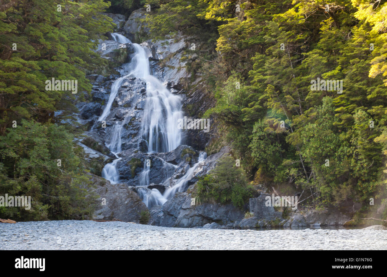 Waterfalls flowing down mountains in New Zealand Stock Photo - Alamy