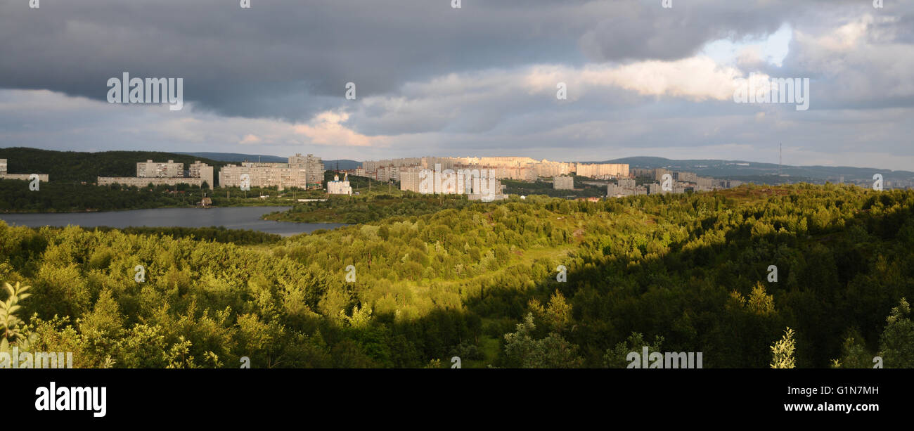 Panoramic view of Murmansk over Semyonov’s lake, Murmansk, Russia Stock Photo