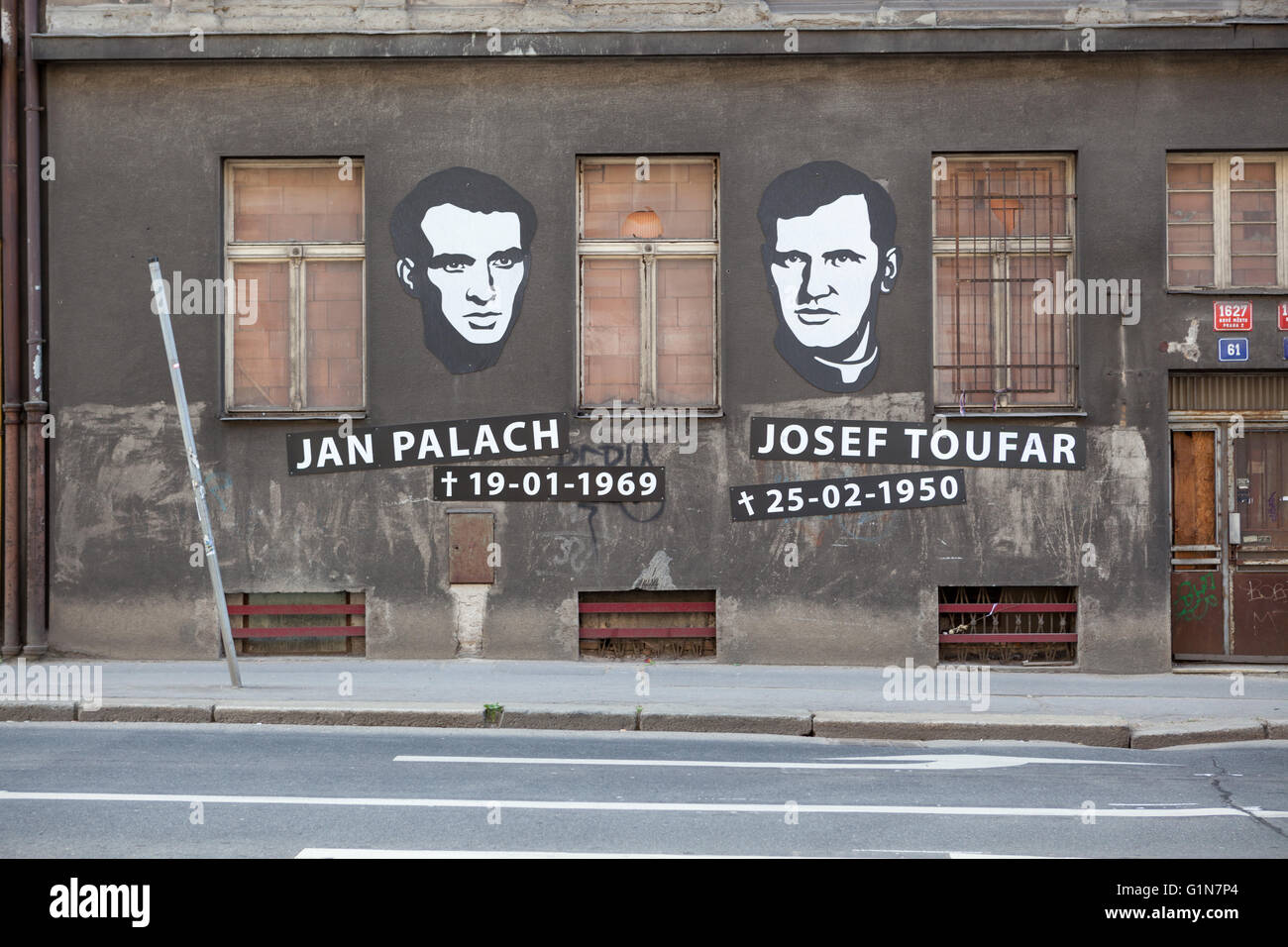 Jan Palach and Josef Toufar victims of communism in Czechoslovakia. Street art in their memory in Prague, Legerova street Prague Stock Photo