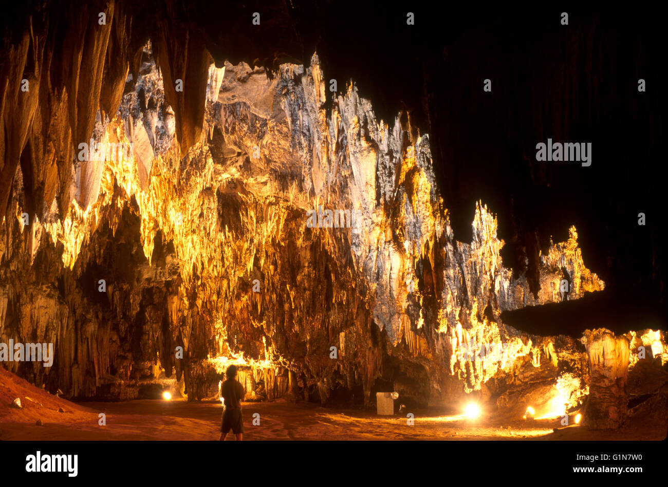 850 meters of galleries with stalagmites are illuminated by electric light inside Gruta da Mangabeira ( Mangabeira grotto ), near Ituaçu city in Bahia State, Brazil. Stock Photo