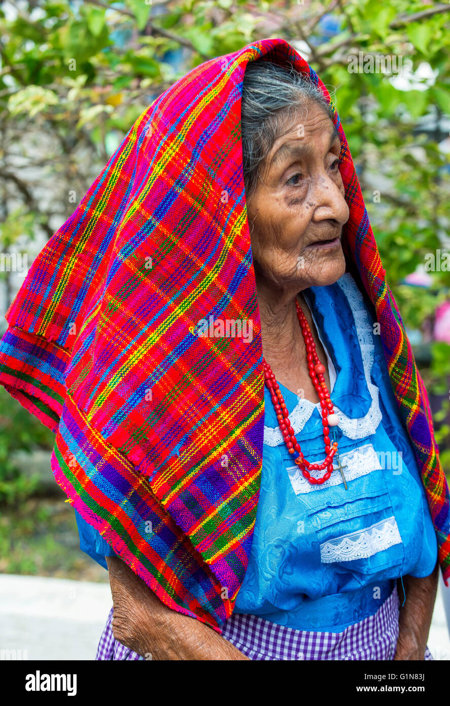 Portrait of an Salvadoran woman during the Flower & Palm Festival in Panchimalco, El Salvador Stock Photo