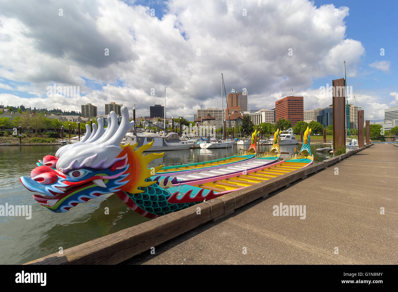 Dragon Boats moored along Willamette River in downtown waterfront