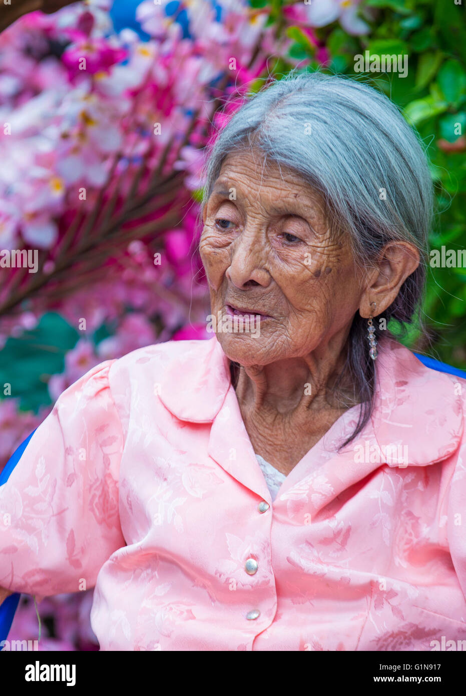 Portrait of an Salvadoran woman during the Flower & Palm Festival in Panchimalco, El Salvador Stock Photo