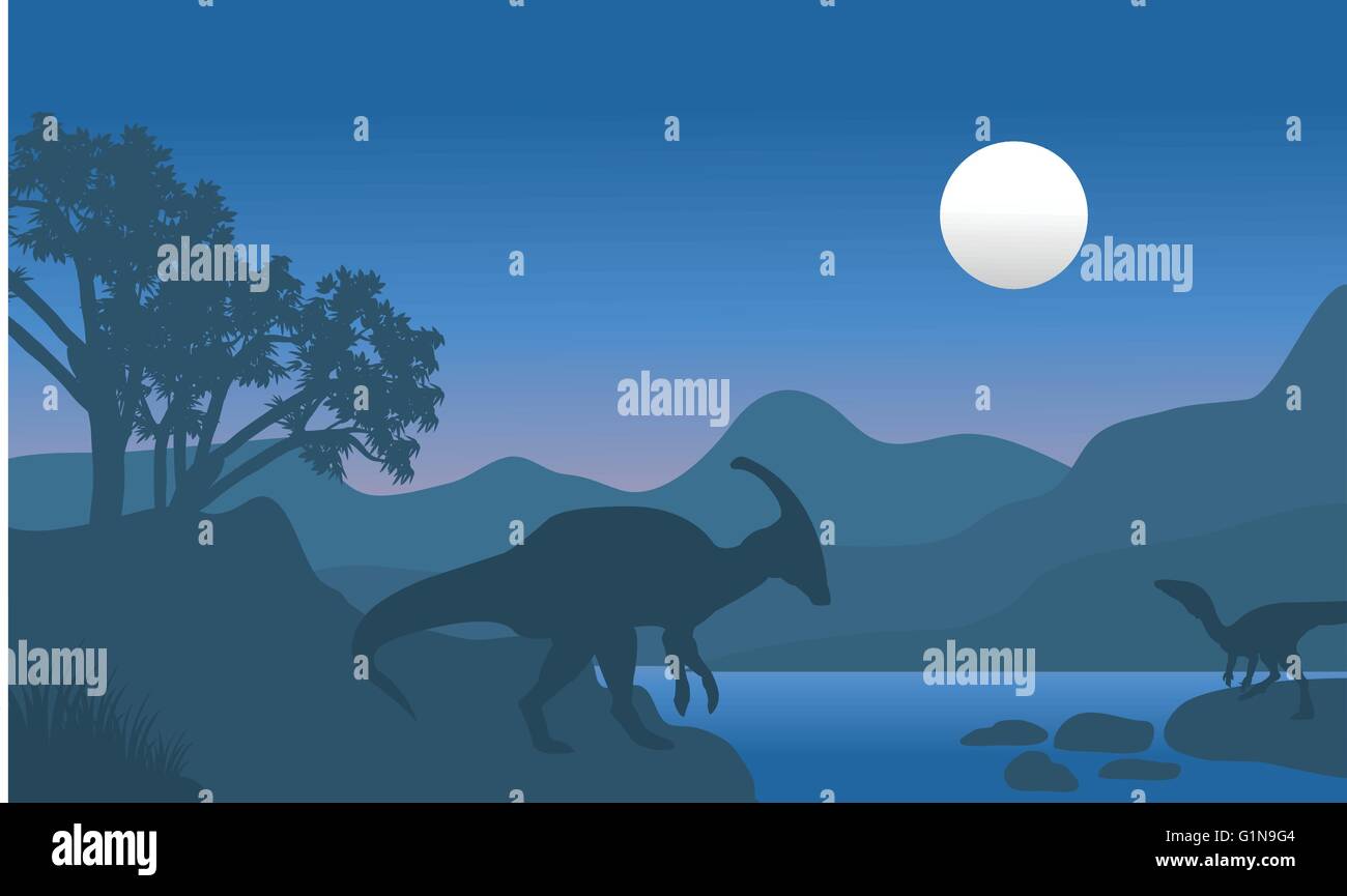 eoraptor and parasaurolophus in river scenery silhouette Stock Vector ...