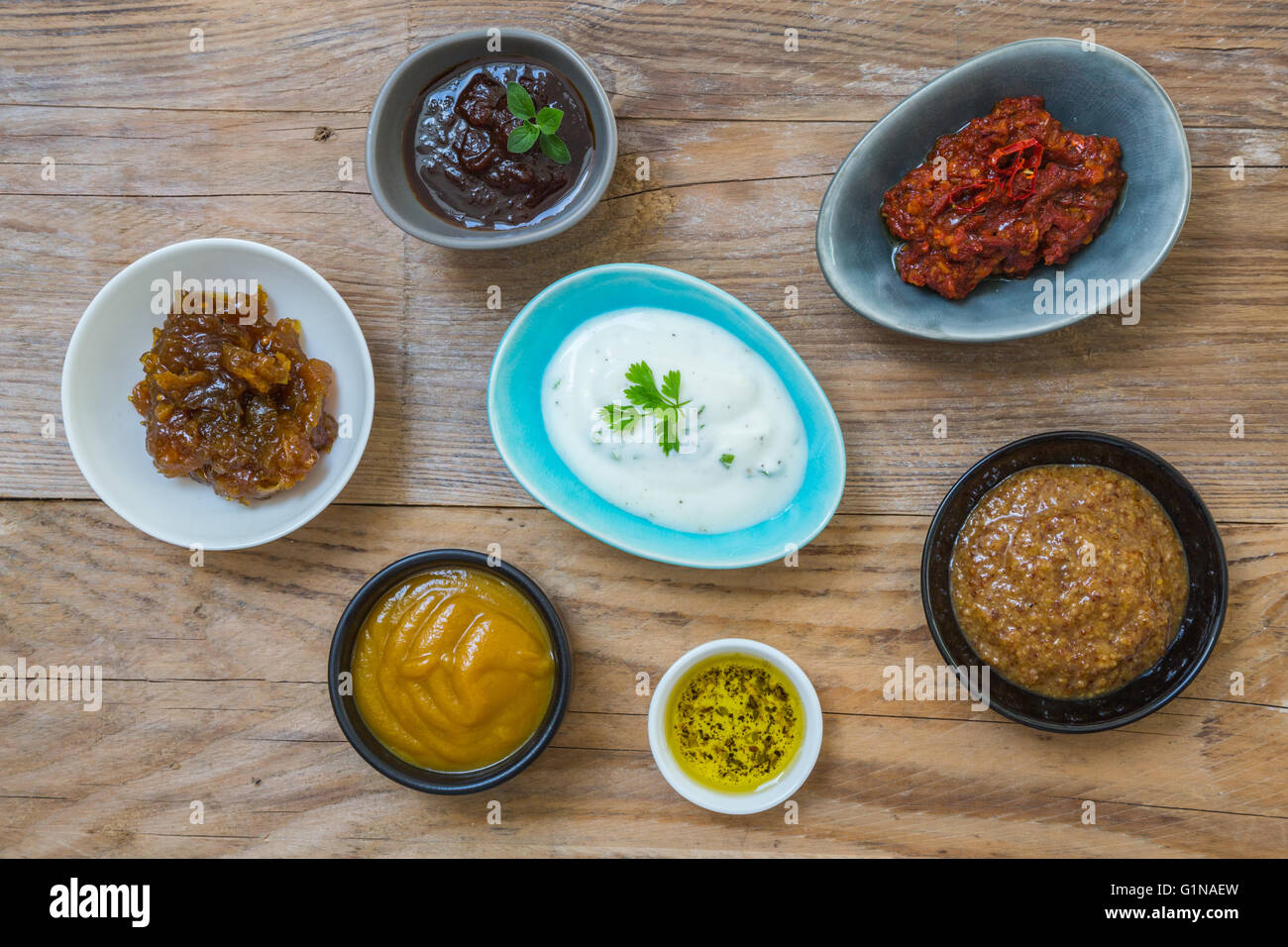 Variation of sauces and dips on wood background Stock Photo Alamy