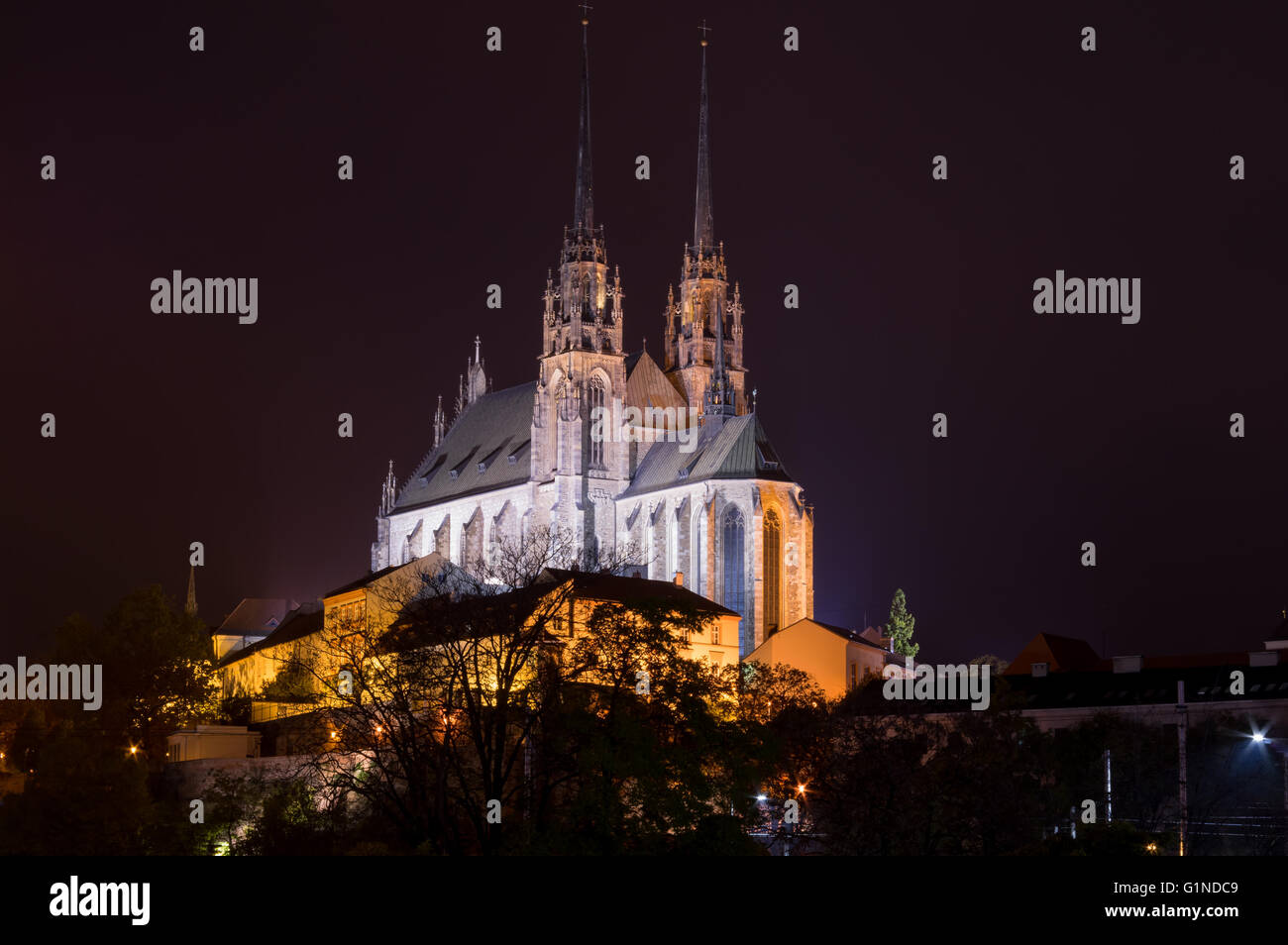 Night picture of Cathedral of St. Peter and Paul, Brno Stock Photo