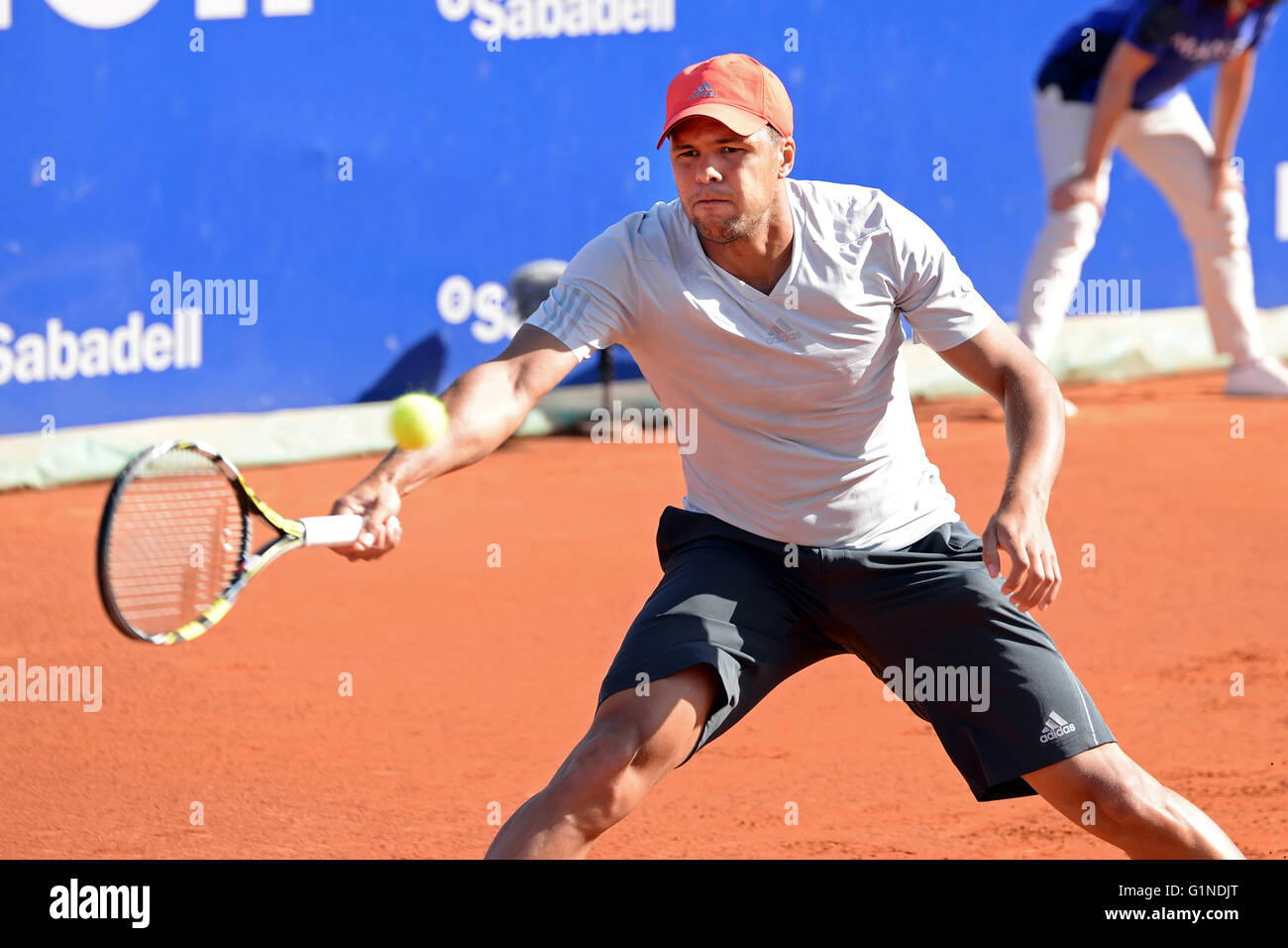 BARCELONA - APR 22: Jo Wilfried Tsonga (French tennis player) plays at the ATP Barcelona Open Banc Sabadell. Stock Photo