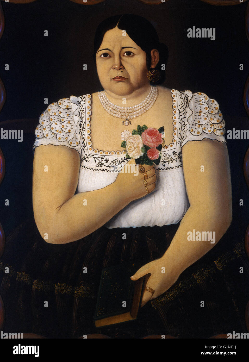 Anonymous - Portrait of a Native Puebla Woman with a Bouquet of Roses -  Museo Nacional de Arte de Mexico Stock Photo