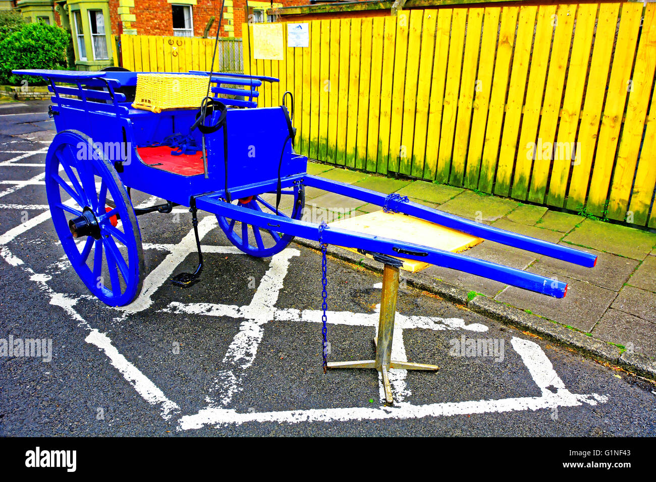 North Shields Farmyard two wheel blue light pony cart Stock Photo