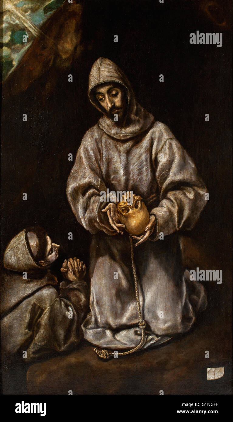 Seguidor del Greco - St Francis and Brother Leo Meditating on Death  - Museo del Greco Stock Photo