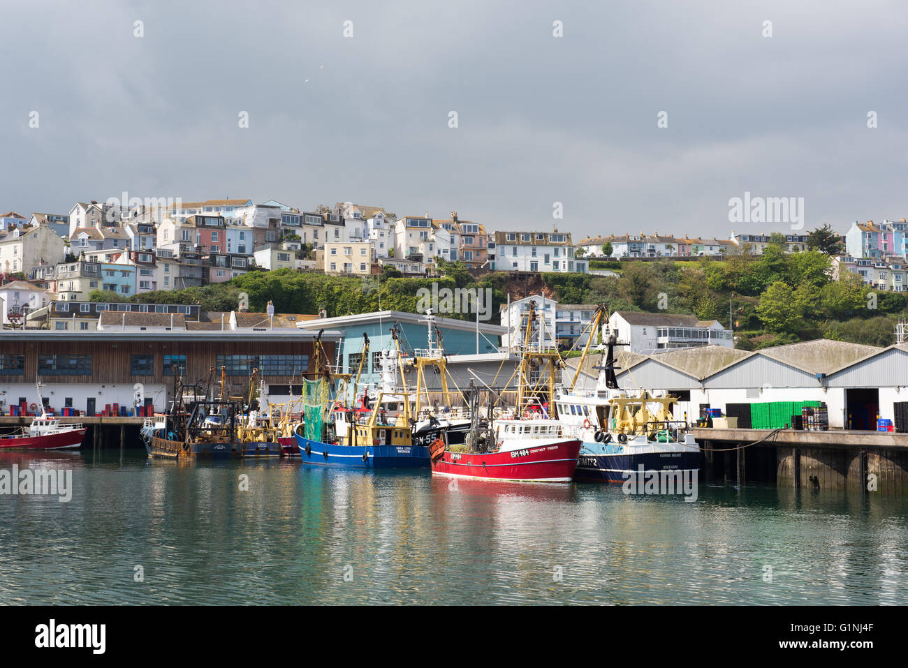 Fishing boats and trawlers at habour side, Brixham, Devon, UK. Stock Photo