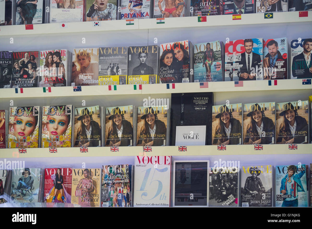 Vogue House, magazine racks with magazines from different countries Stock Photo