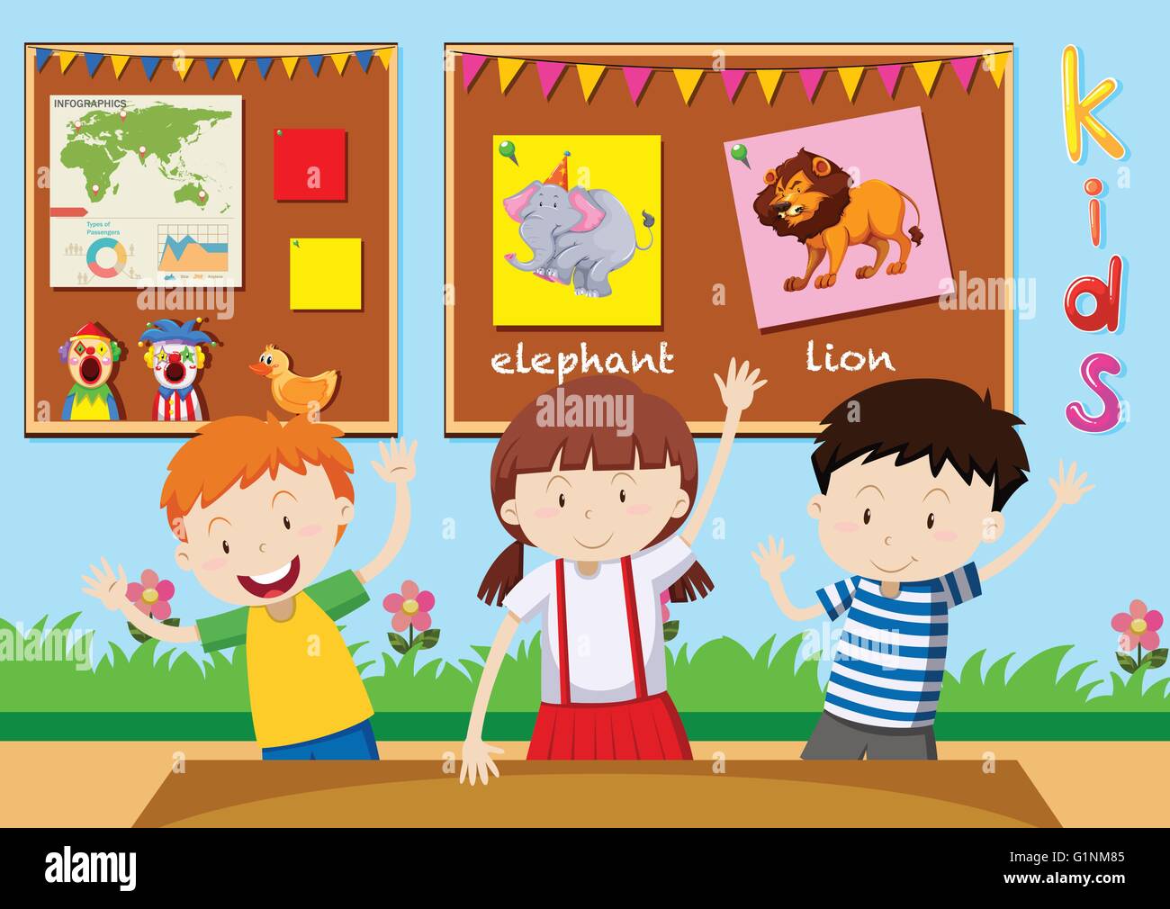 Three children learning in classroom illustration Stock Vector