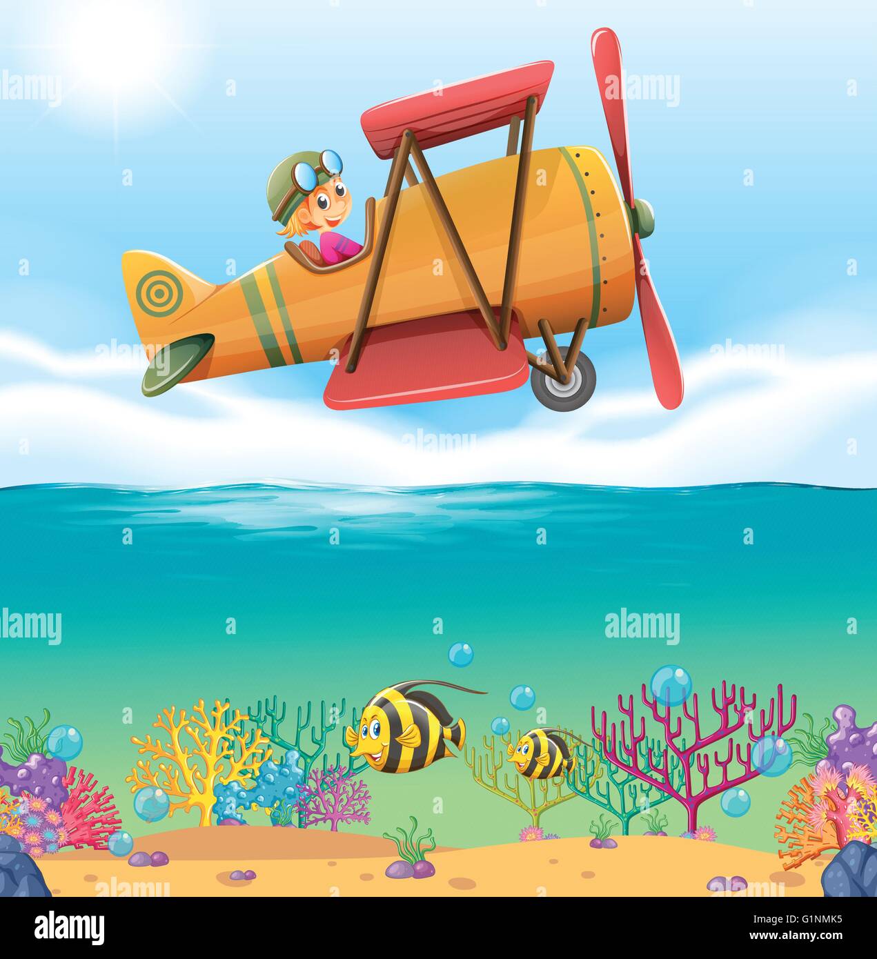 Girl flying airplane over the ocean illustration Stock Vector Image ...