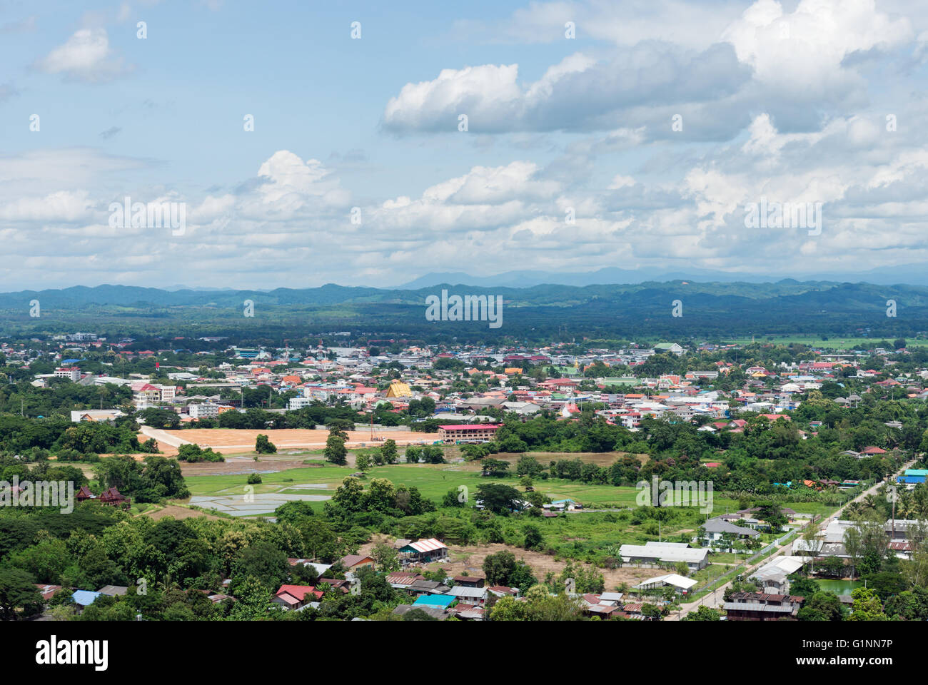 Small urban town in the high valleys of the northern of Thailand. Stock Photo